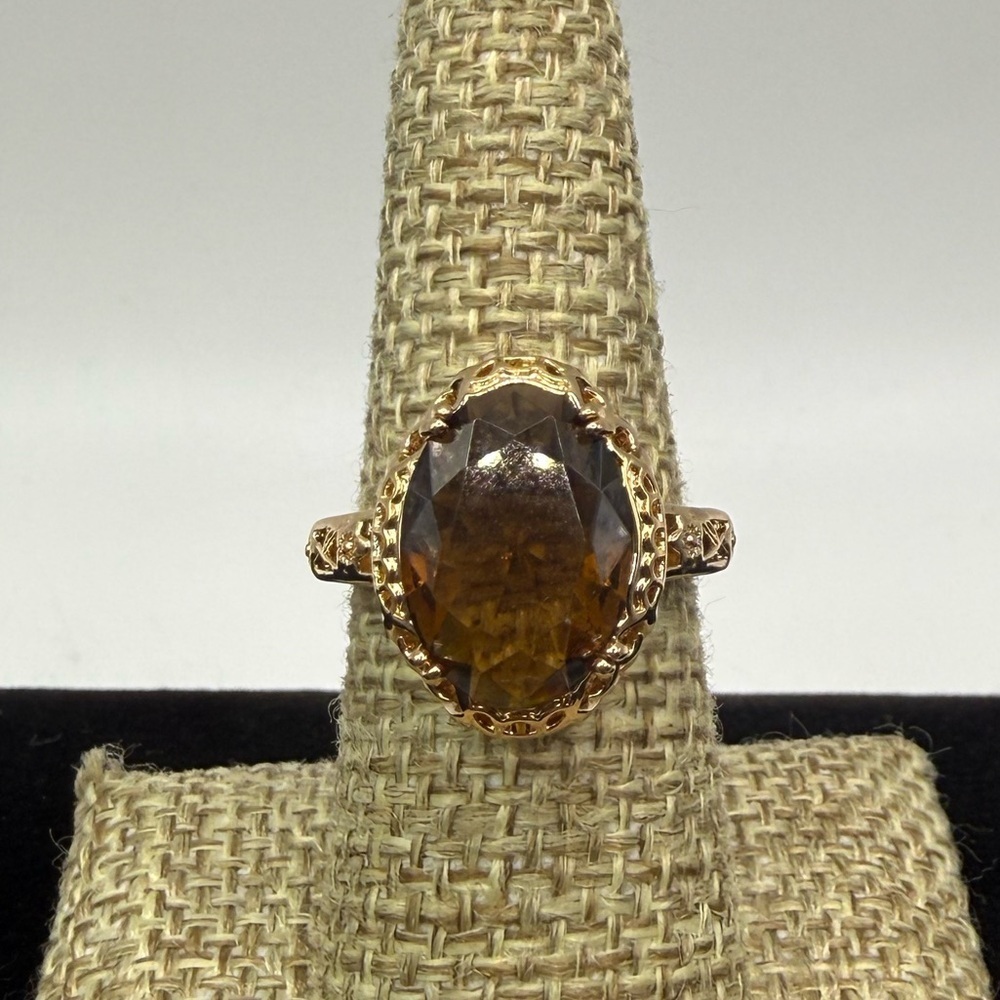 S925 Sterling Silver Gold Vermeil Oval Brown Quartz Statement Ring